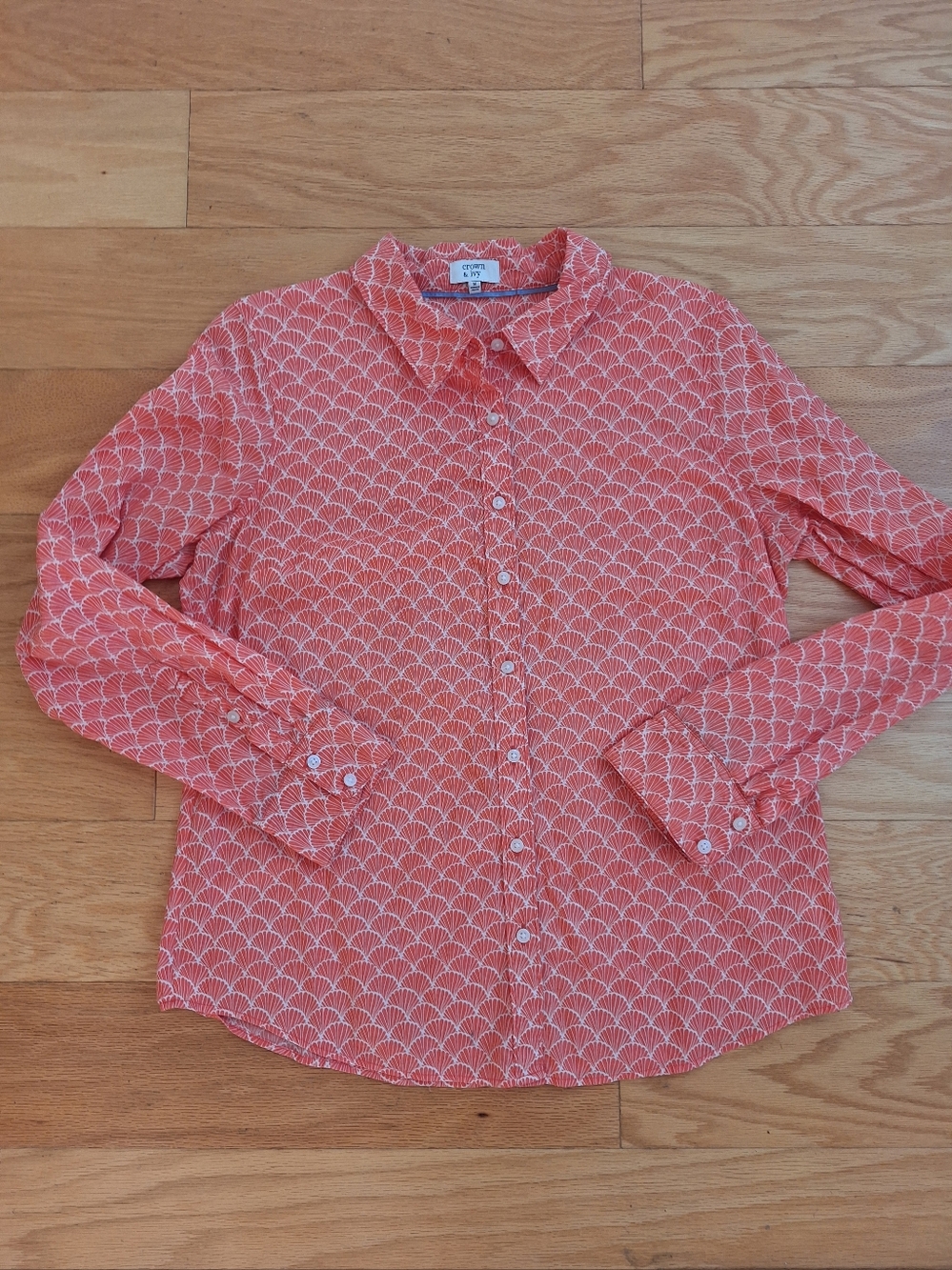 Crown & Ivy Button Down Cotton Blouse Orange & white, M Like new